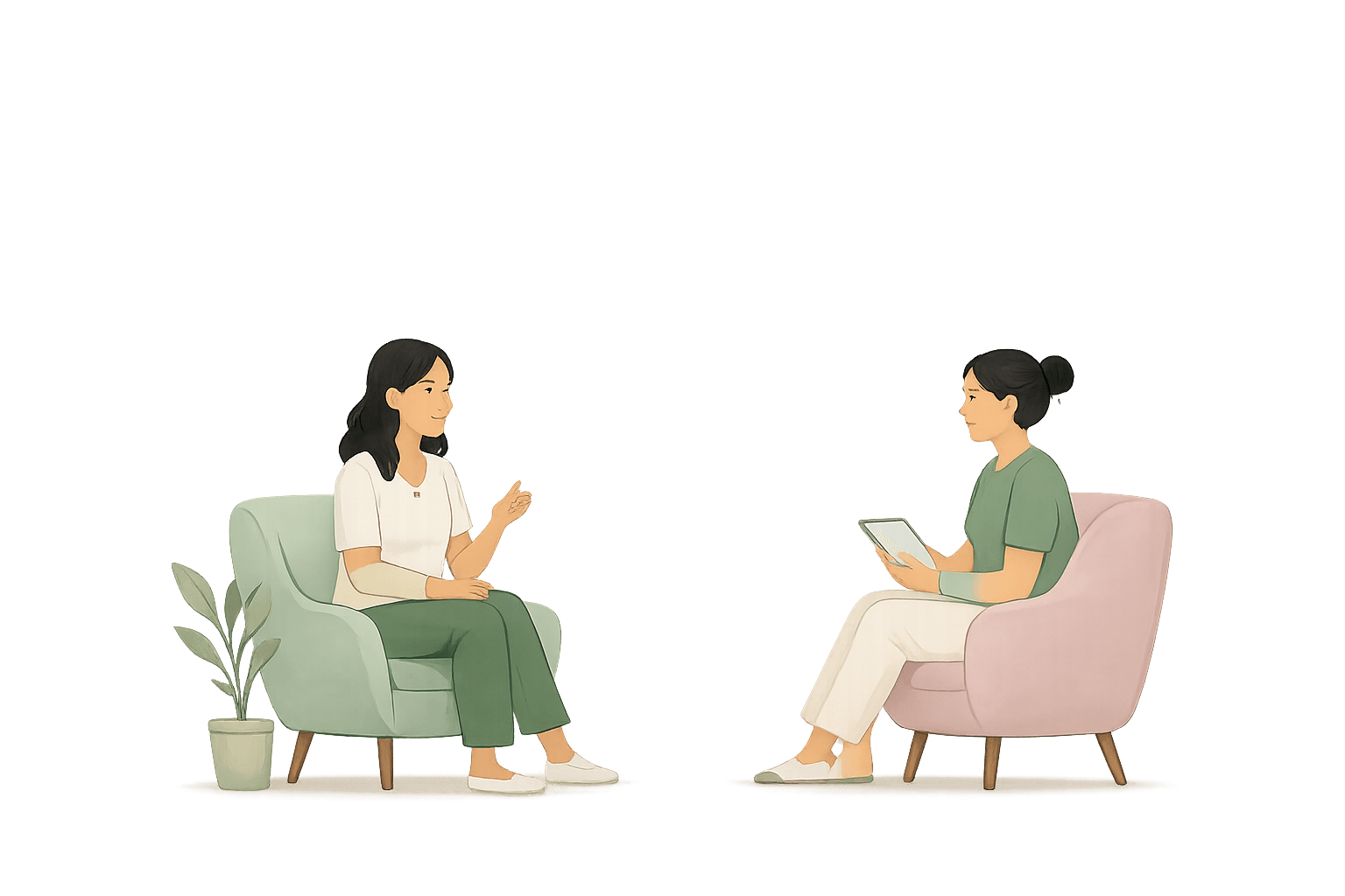 Two people talking in armchairs