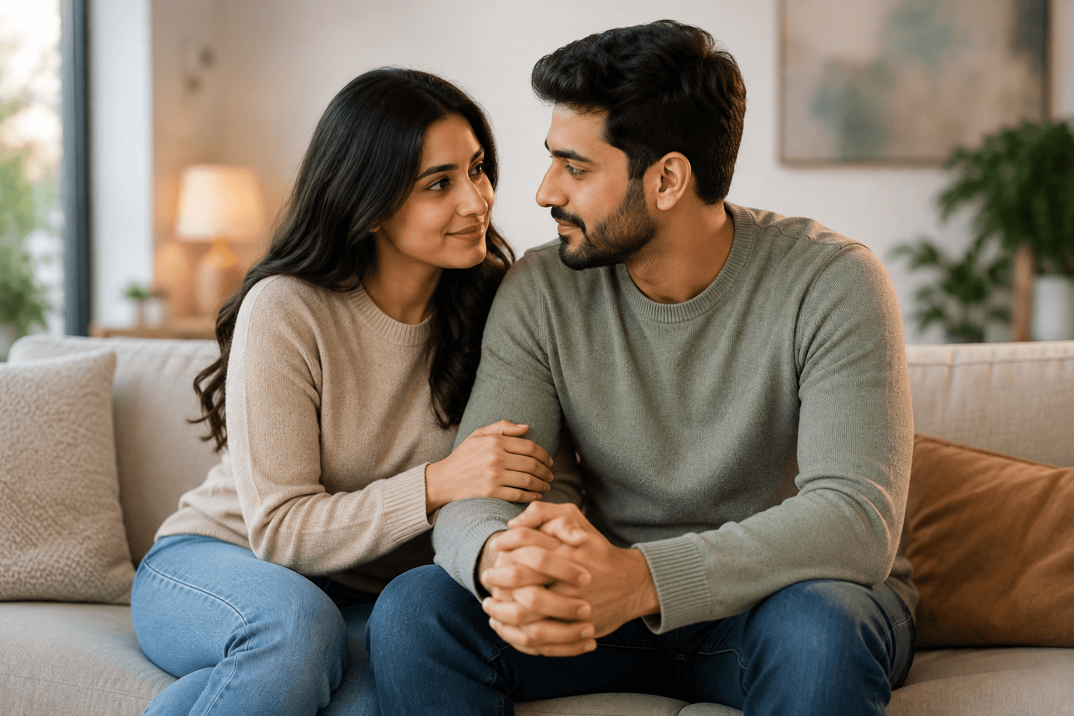Couple sharing a affectionate moment on a sofa